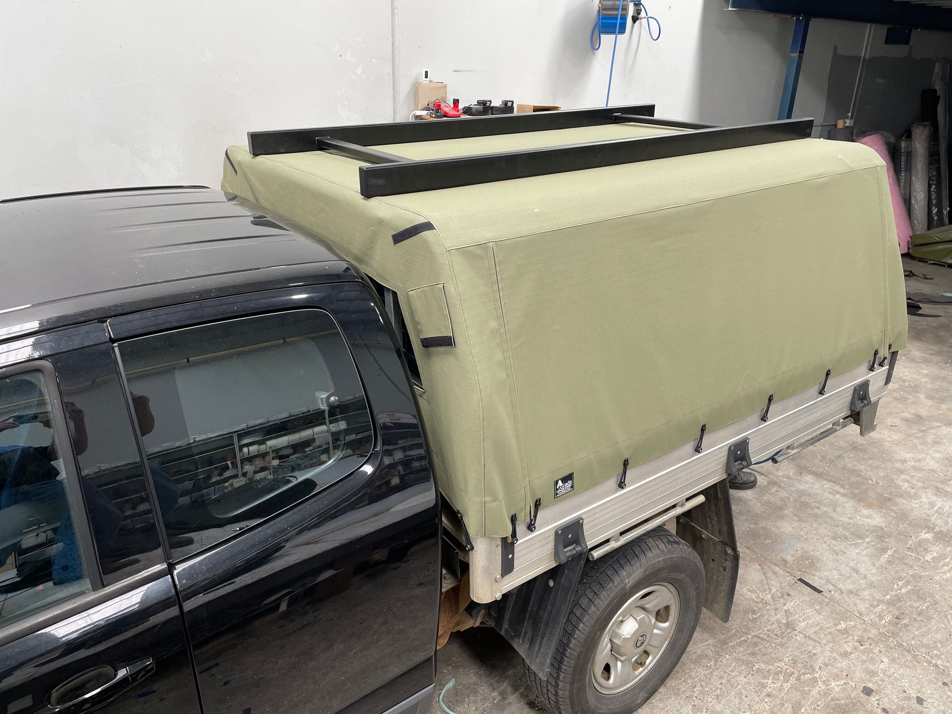 Holden Colorado khaki canvas ute canopy with roof top tent mounting rails