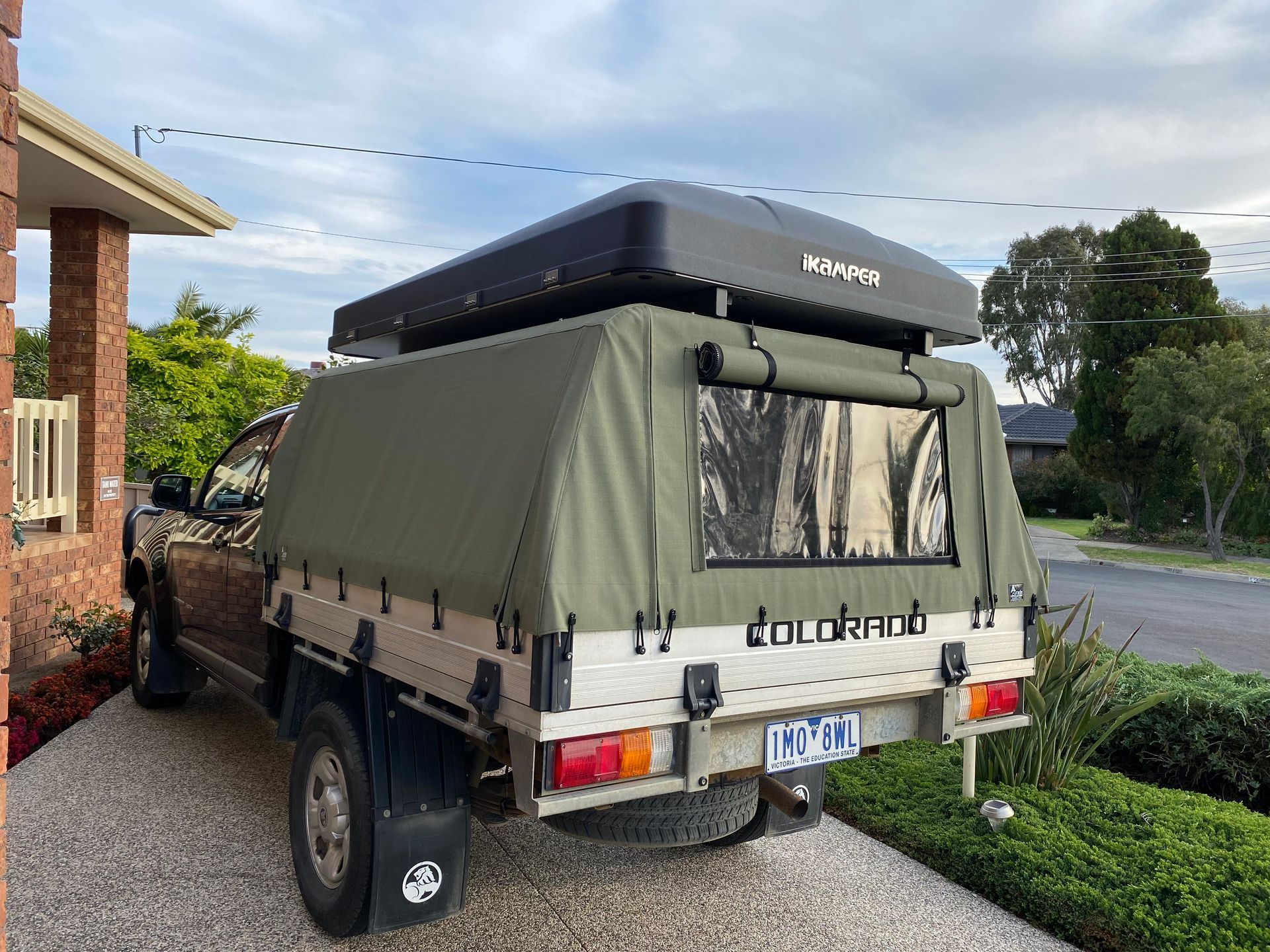 Holden Colorado khaki canvas ute canopy with roof top tent mounting rails