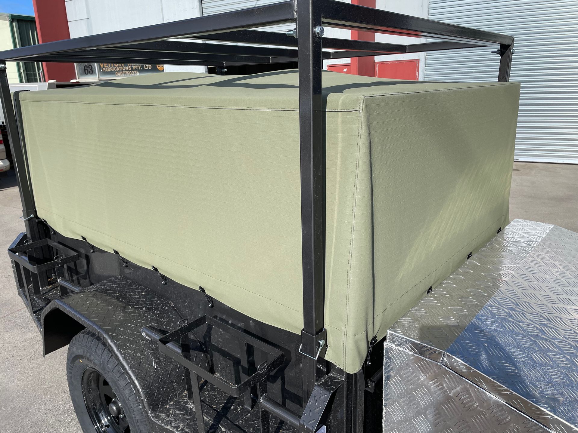 Khaki canvas 8x5 trailer canopy upholstery