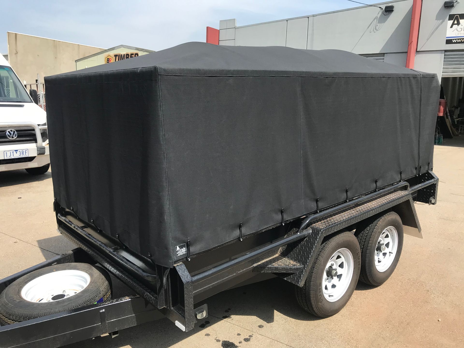 Large black canvas canopy on 8x5 trailer