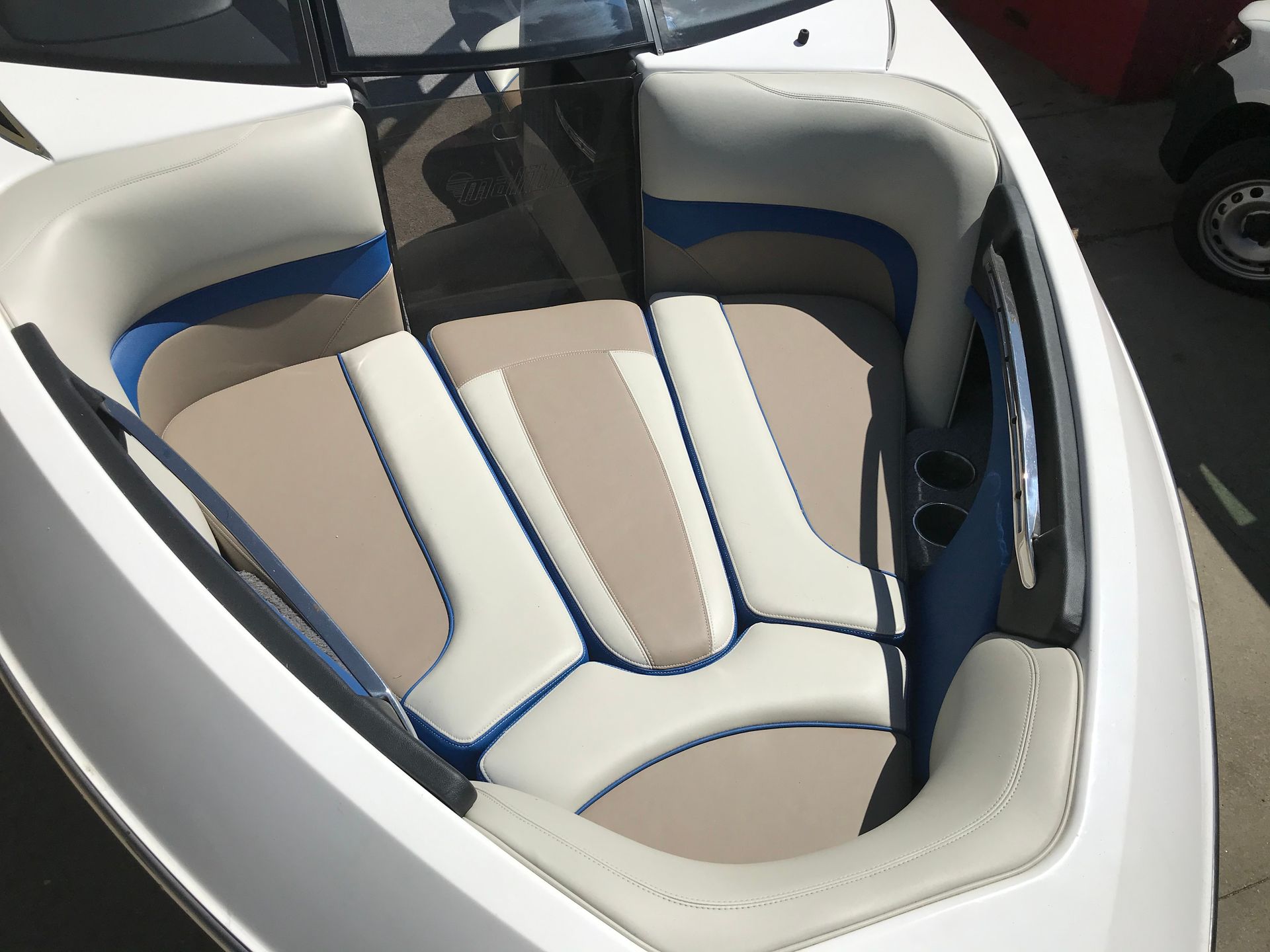 Malibu blue and cream front bow seating