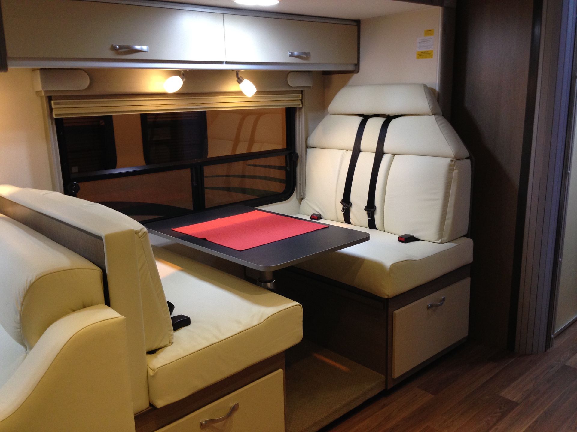 Motorhome lounge close up of black boot stitch