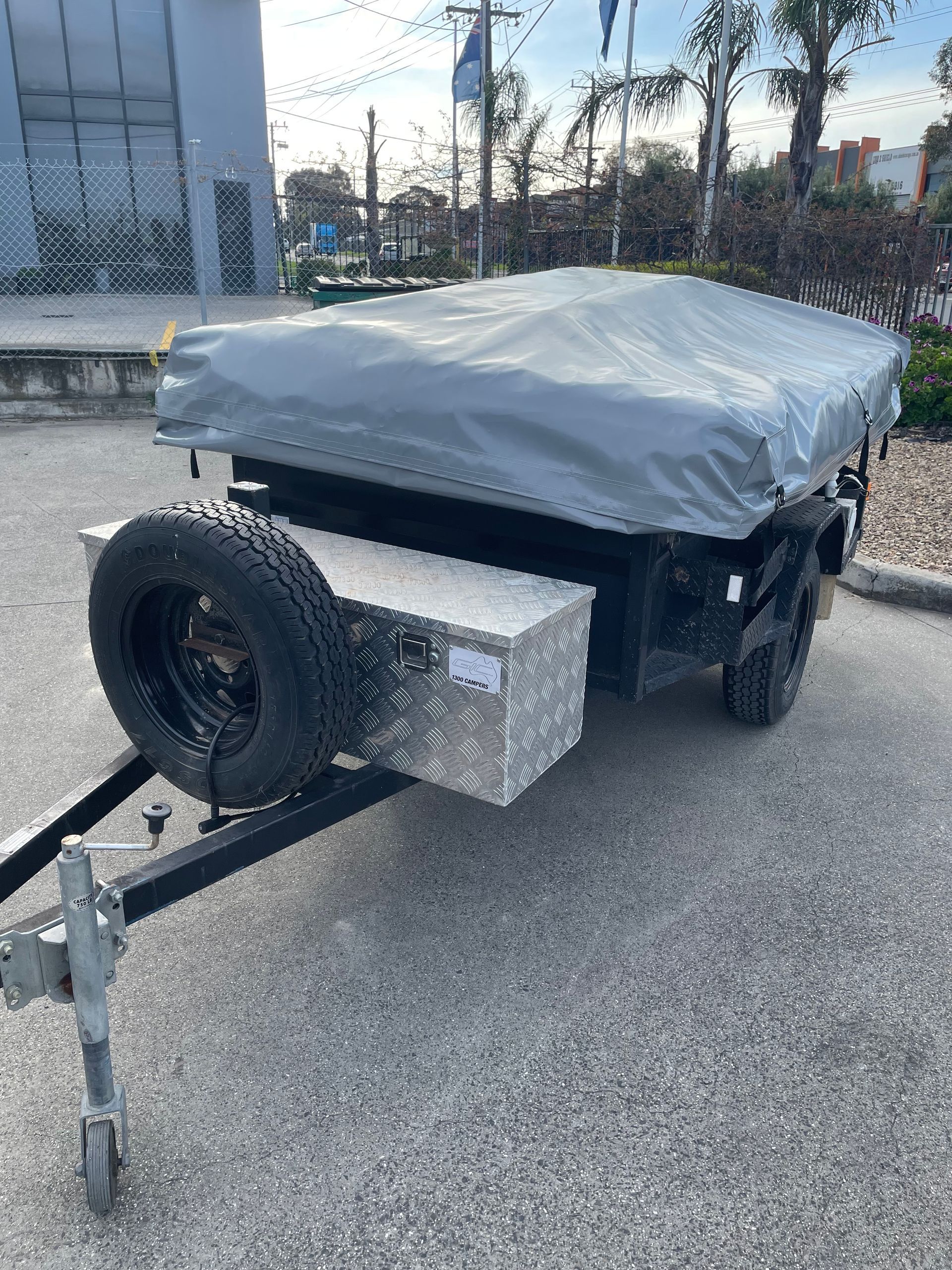 Replacement grey PVC travel and storage cover on camper trailer