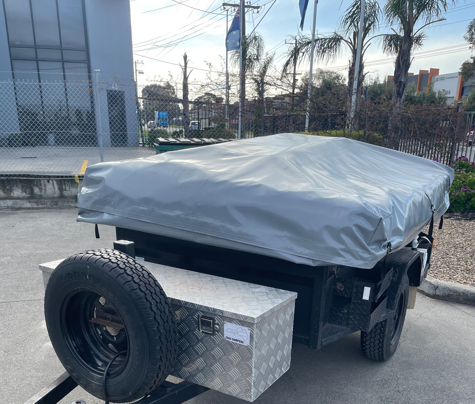 Replacement grey PVC travel and storage cover on camper trailer