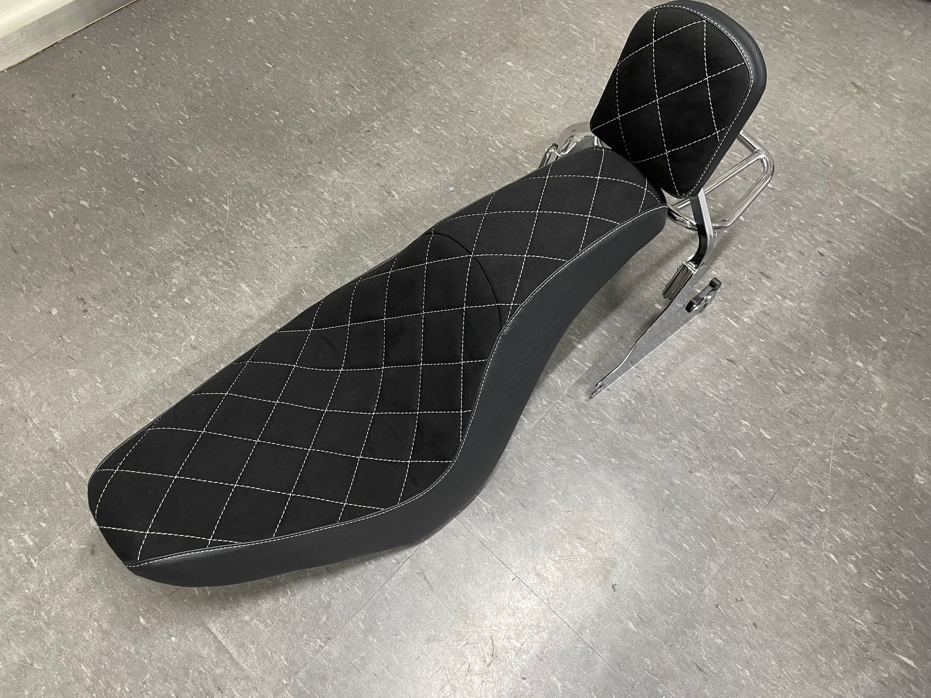 Suede and black vinyl bike seat with pillion back rest