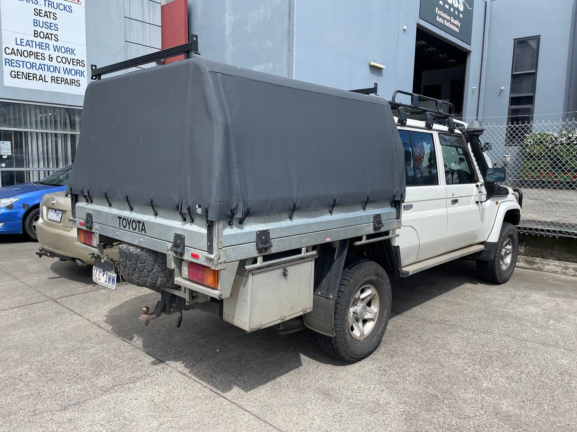 Toyota Landcruiser canvas ute canopy on steel gal tray
