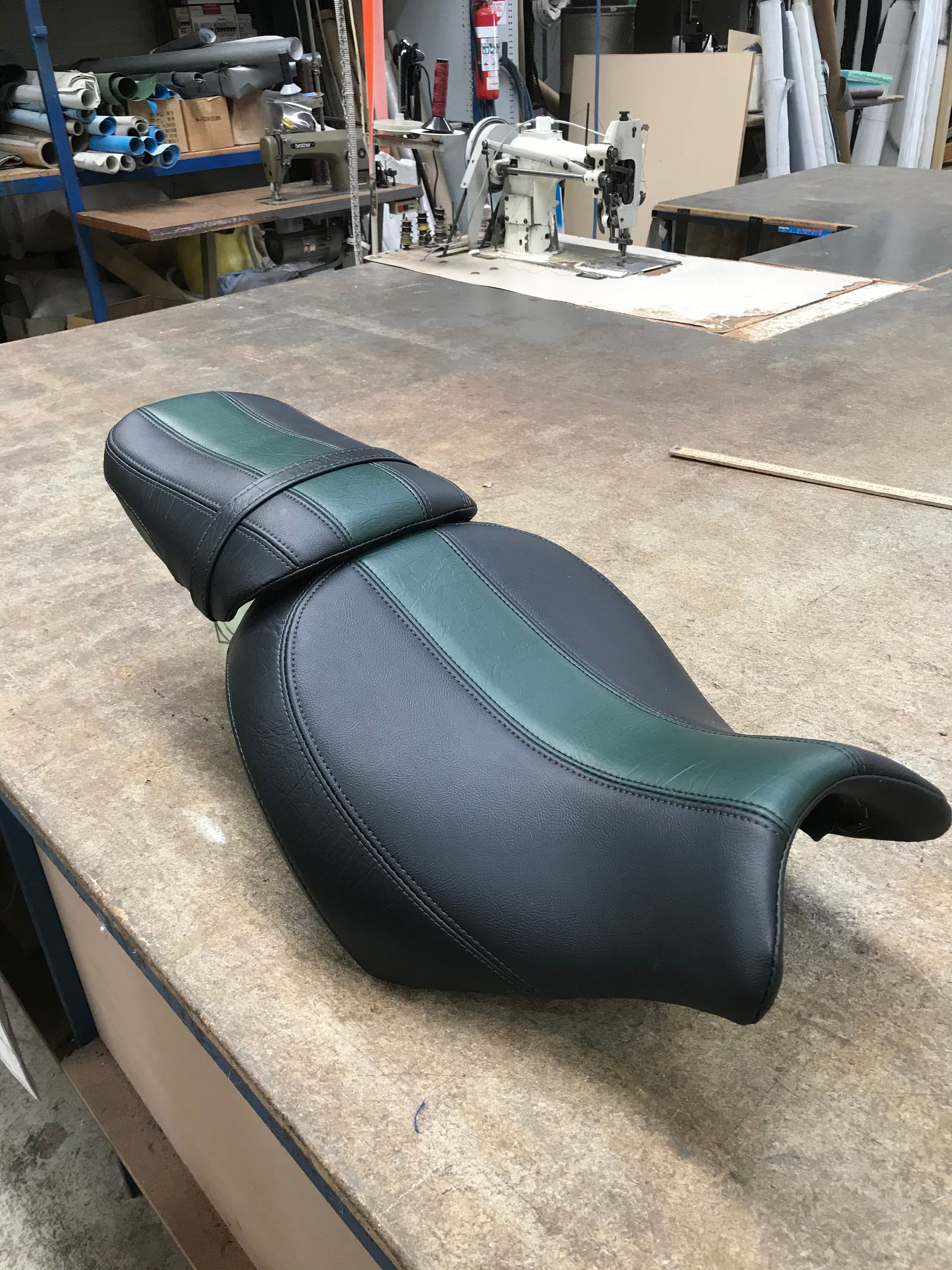 Two piece motorbike seat black with green stripe