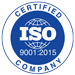 ISO 9001:2015 certified company logo, blue and white, with globe graphic.