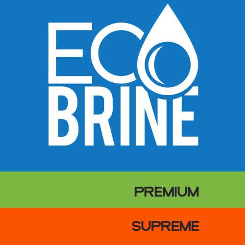 Logo for Eco Brine. Blue background with white text and a water droplet icon. Green and orange bars with