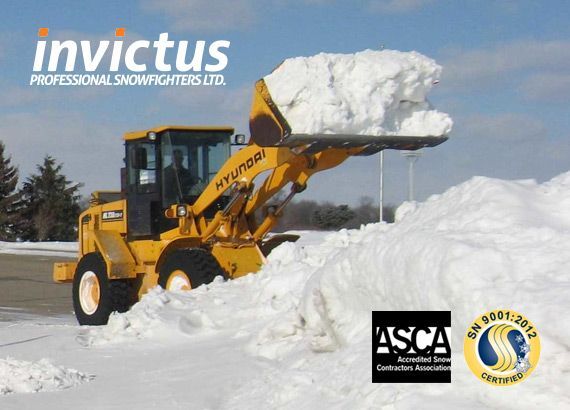 Yellow loader, Invictus Snowfighters, shoveling snow. Logos: ASCA, ISO 9001:2015.