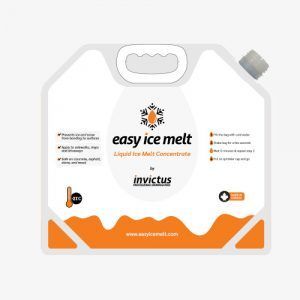 White jug of Easy Ice Melt liquid concentrate with orange accents and text.