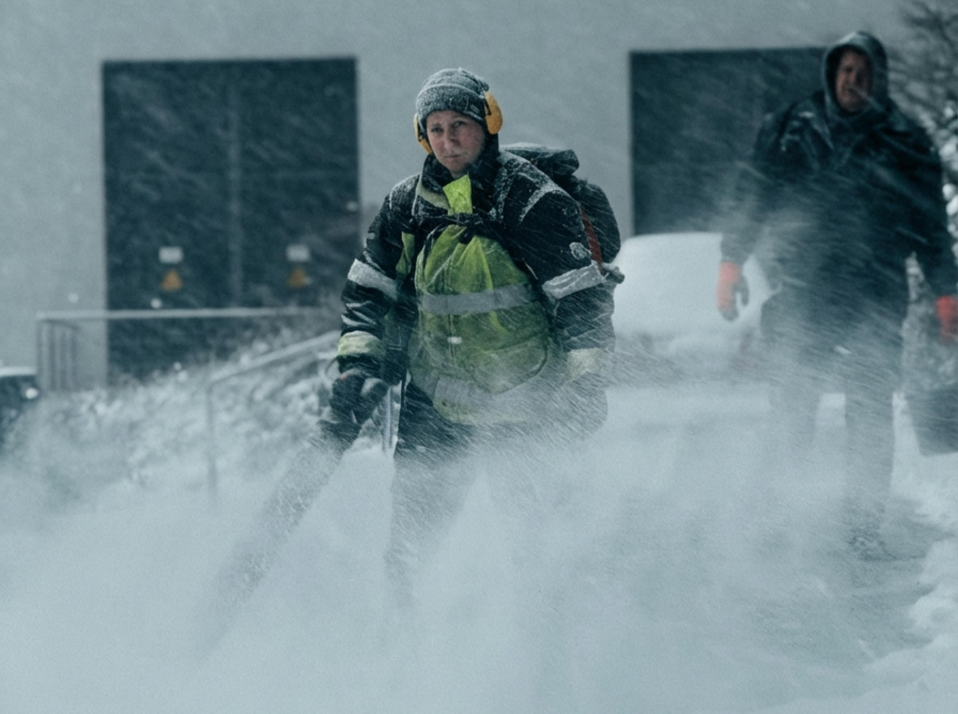 Person using a snow blower, wearing safety gear, blowing snow. Another person follows. Snowy outdoor setting.