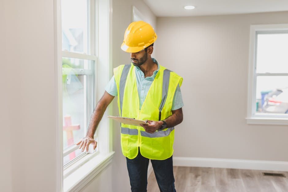 Inspector in a yellow hard hat and safety vest examines a window in a room.