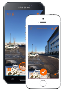 Two smartphones display the same outdoor scene: a parking lot, cars, and building, under a bright blue sky.