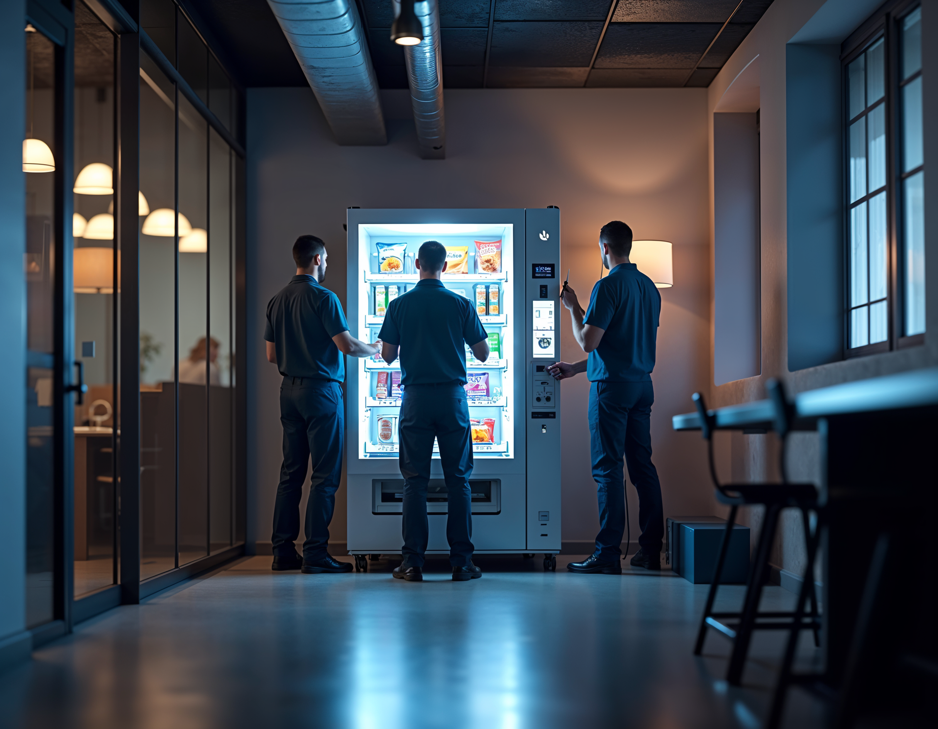 Two men are standing in front of a vending machine in an office.
