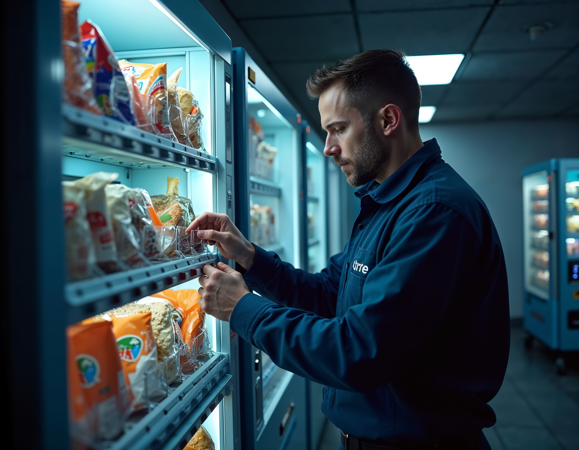 A man is taking a bag of chips out of a vending machine.