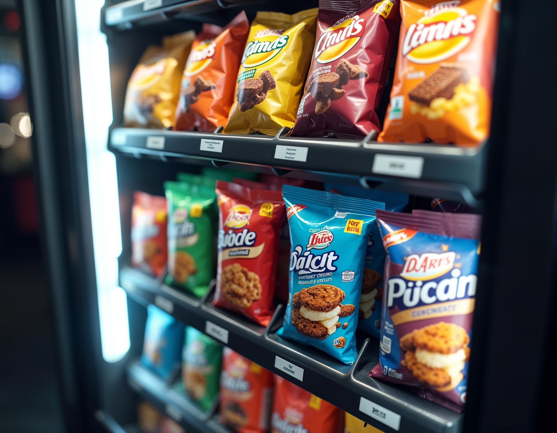 A vending machine filled with bags of chips and cookies.