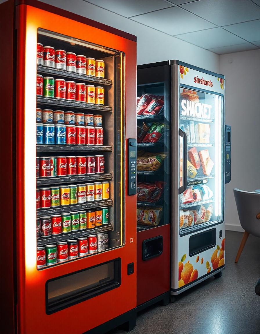 Two vending machines are lined up next to each other in a room.