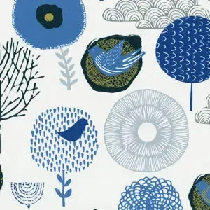 Patterned Wallpaper With Blue and Grey Stylized Trees, Birds, Flowers, and Clouds — Advantage Screen And Blinds Rockhampton in Rockhampton, QLD
