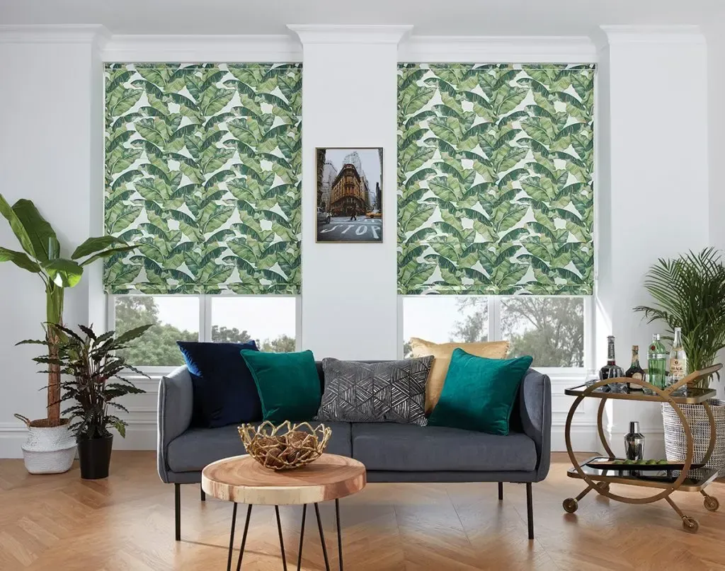 Living Room Featuring a Sofa With Vibrant Teal and Navy Pillows — Advantage Screen And Blinds Rockhampton in Rockhampton, QLD