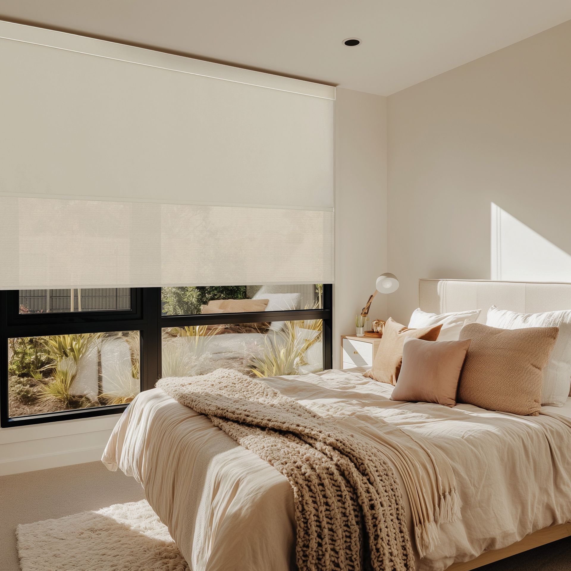 Sunlit minimalist bedroom with a large bed, beige bedding, and a window with a white shade — Advantage Screen And Blinds Rockhampton in Rockhampton, QLD