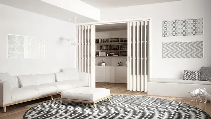 Living Room With a Folding Door, a White Sofa, and a Round Patterned Rug — Advantage Screen And Blinds Rockhampton in Rockhampton, QLD
