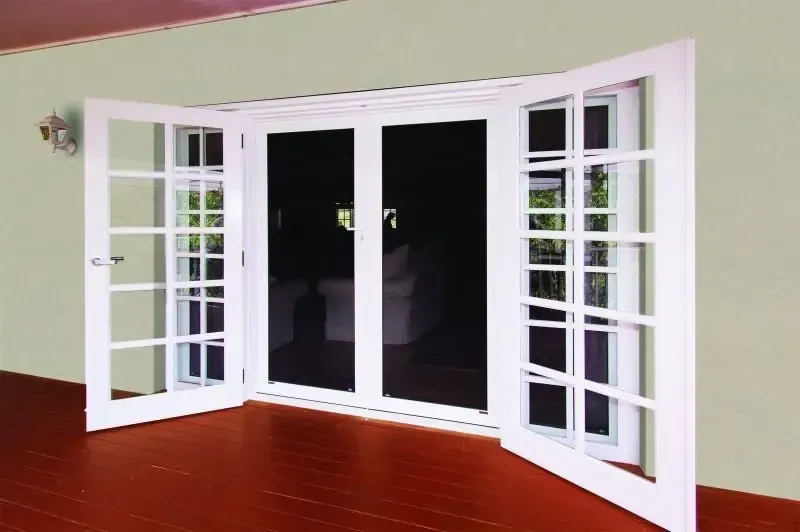 White French Doors With Glass Panes Stand Open — Advantage Screen And Blinds Rockhampton in Rockhampton, QLD