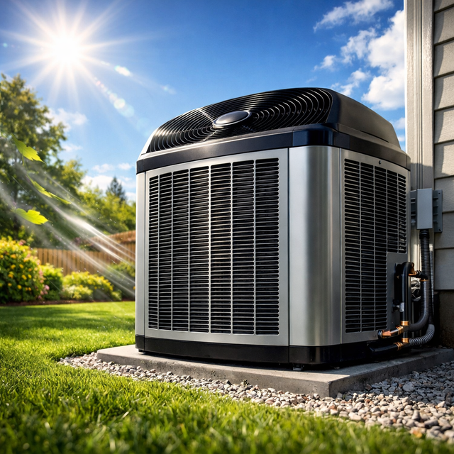An air conditioning unit sits on a concrete pad outside a house on a sunny day with a green lawn and trees in the background.