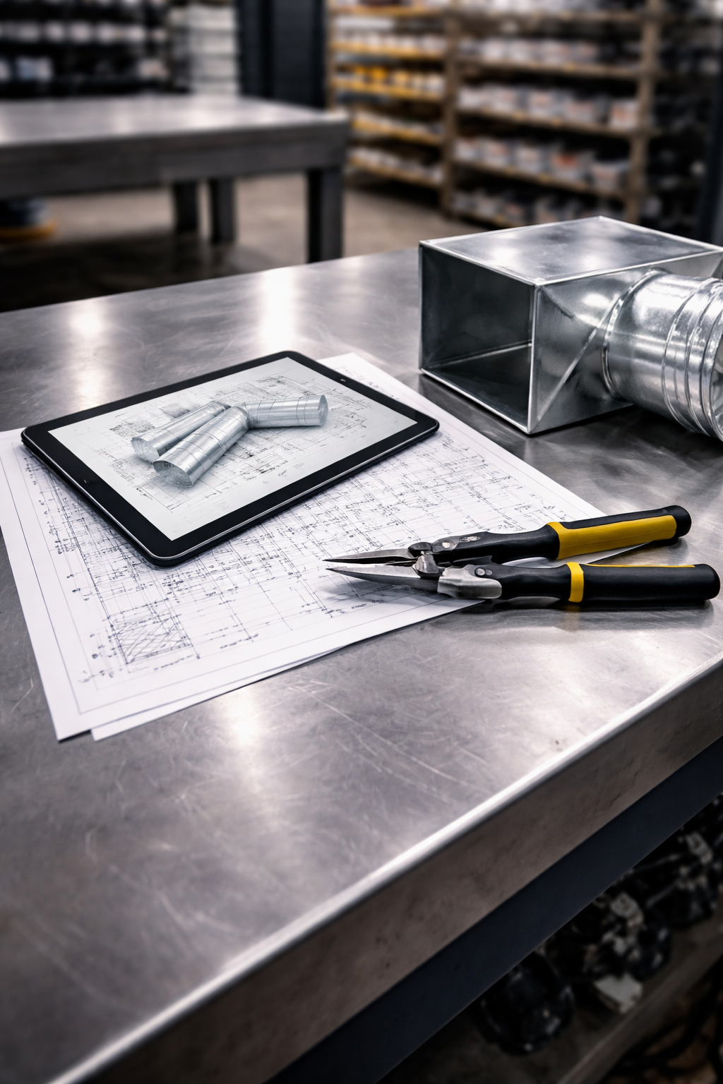 A metal workbench with a tablet showing blueprints, metal ductwork components, and pliers.