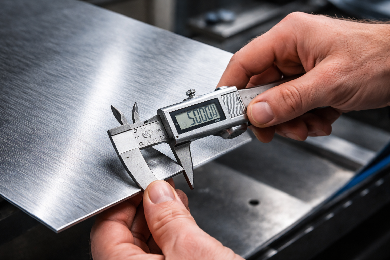 A person uses digital calipers to measure the thickness of a brushed metal sheet in a workshop setting.