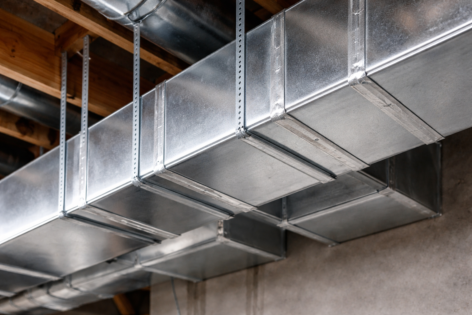 Rectangular galvanized metal HVAC ducts suspended from wooden ceiling joists by metal straps in an unfinished basement.