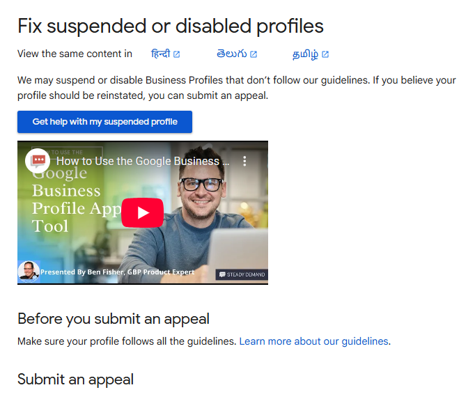 Google Business Profile support page titled 