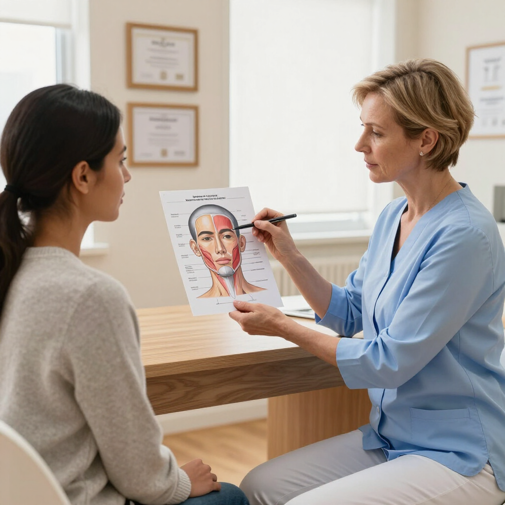 A professional explains facial muscle anatomy using an illustrated chart during a consultation in a bright office.