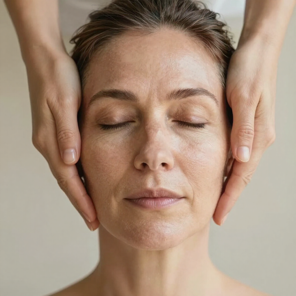 A close-up of a person with eyes closed, receiving a gentle face massage with hands resting on their cheeks.