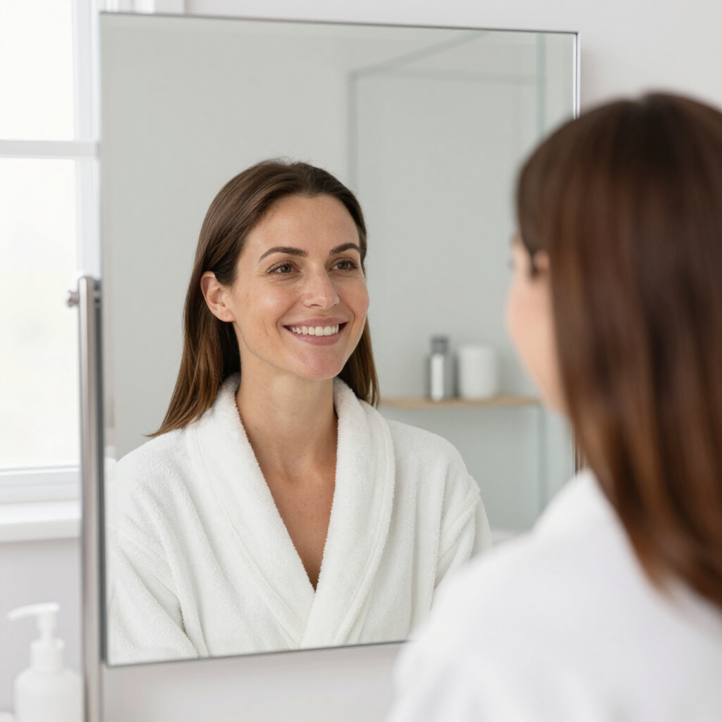 A person in a white bathrobe looks at their reflection in a bathroom mirror, smiling.