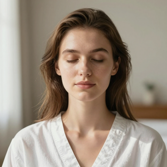 A person in a white robe with eyes closed, appearing peaceful in a softly lit, neutral room.