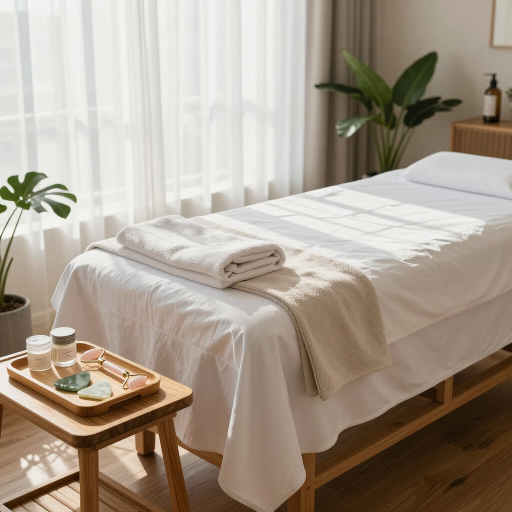 A massage table with white linens and a folded towel stands in a sunlit room, with spa tools on a wooden side stool.