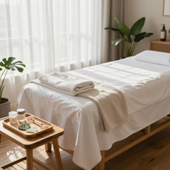 A massage table with white linens and a folded towel stands in a sunlit room, with spa tools on a wooden side stool.