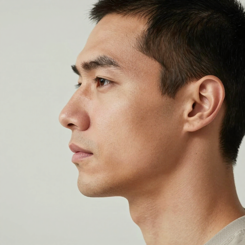 A profile view of a person with short dark hair, shown from the chest up against a plain, light gray background.