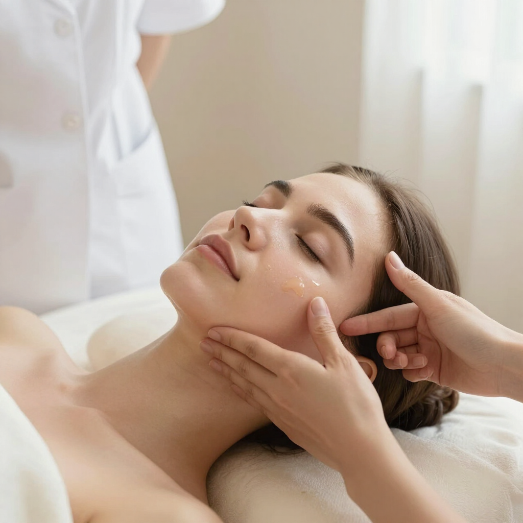 An aesthetician applies skincare product to a client’s face in a bright, professional spa setting.