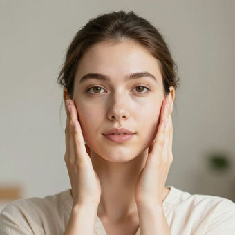 A person with brown hair pulled back, holding both hands against their cheeks while looking directly at the camera.