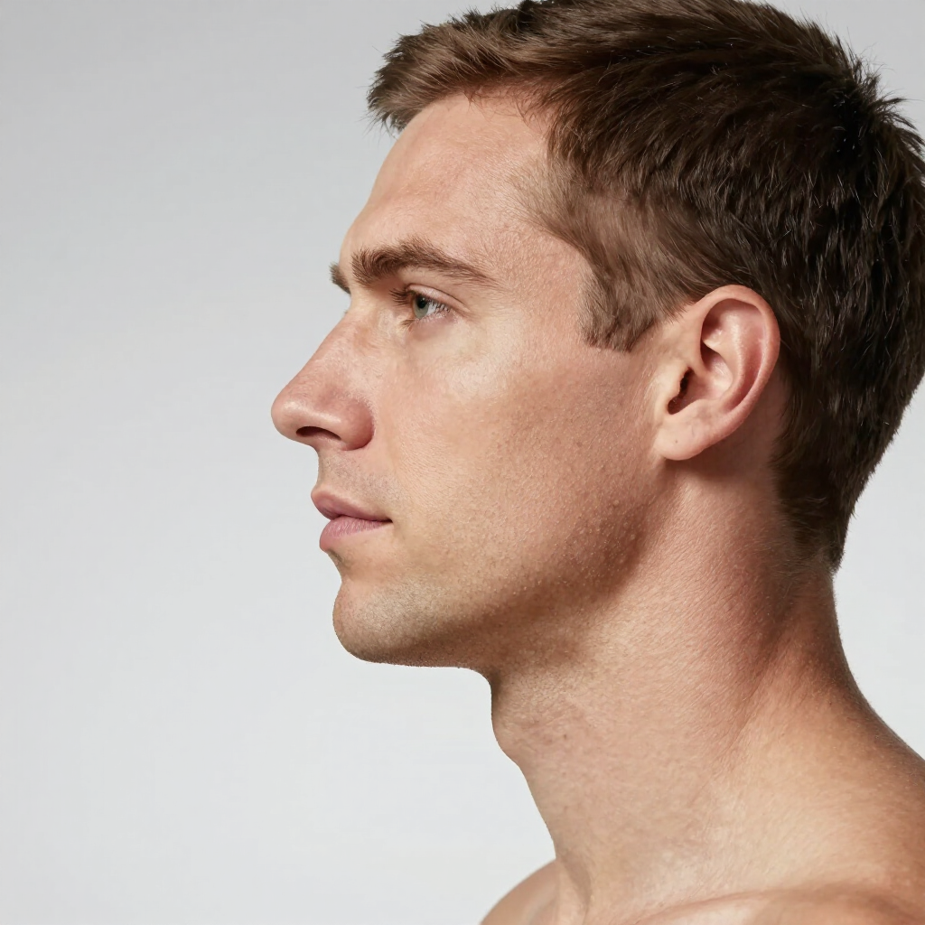 Profile view of a person’s head and neck against a plain gray background.