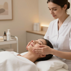 A practitioner performing a professional facial massage on a client in a clinical spa setting.
