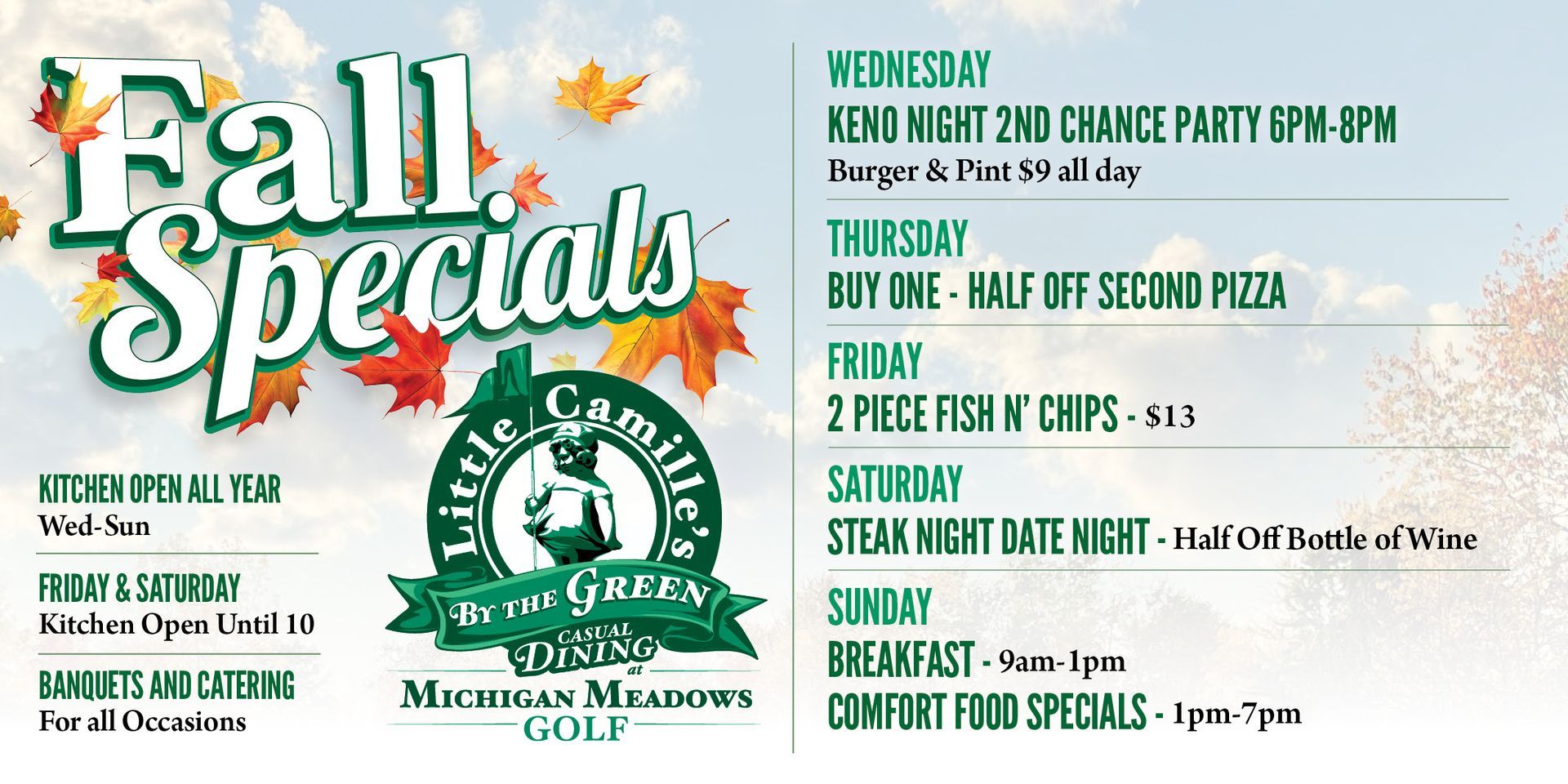 A poster for fall specials at Little Camille's by the Green restaurant in Casco, MI.