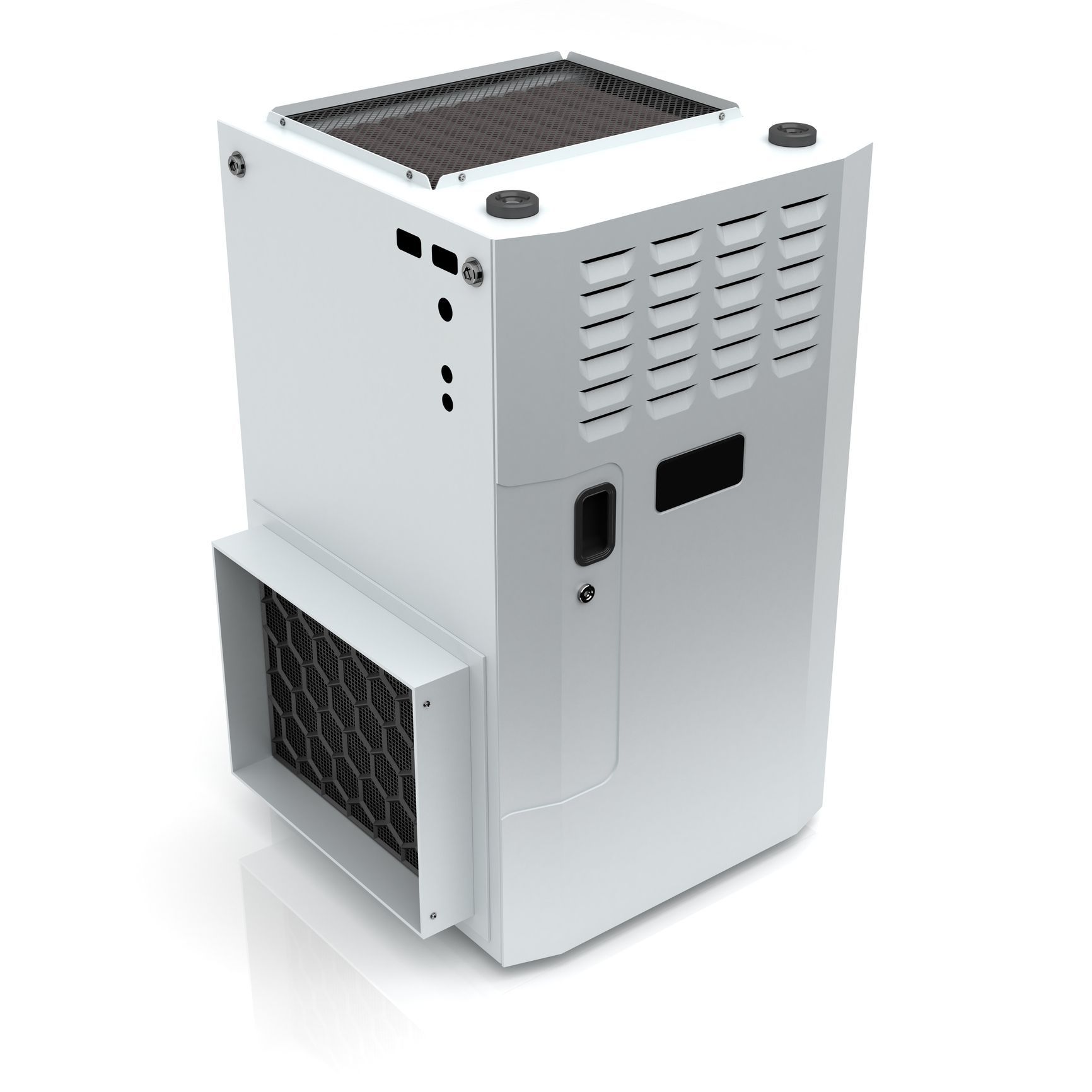 White, rectangular HVAC unit with a front air intake, vents, and a top grille.