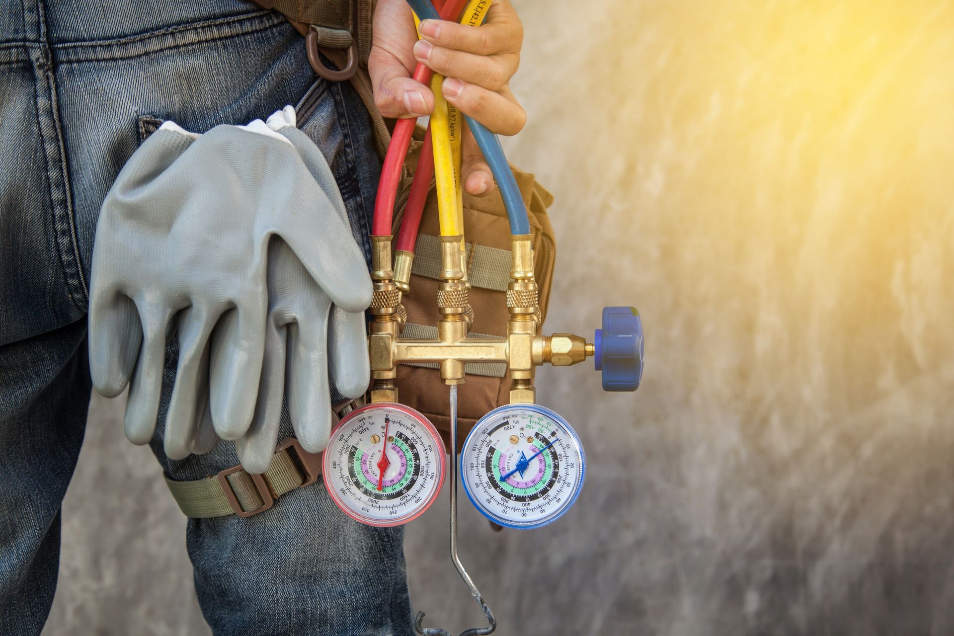 Person holding gauges and hoses, likely for HVAC repair. Gloves and harness are visible.