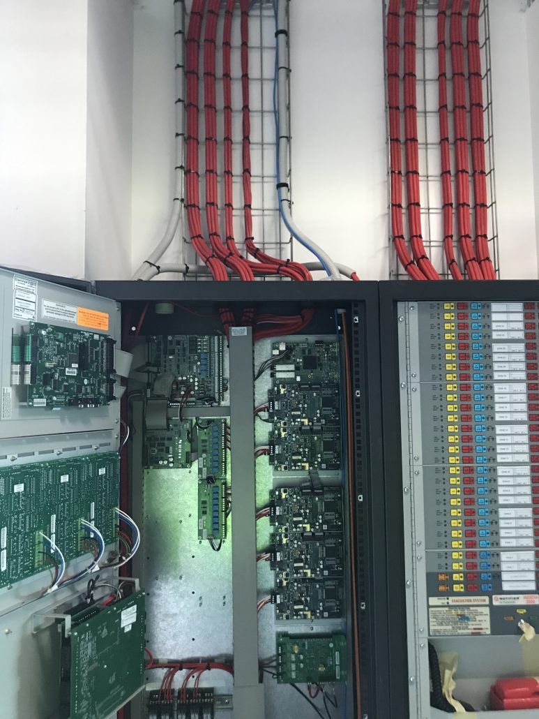 A room with a lot of wires hanging from the ceiling