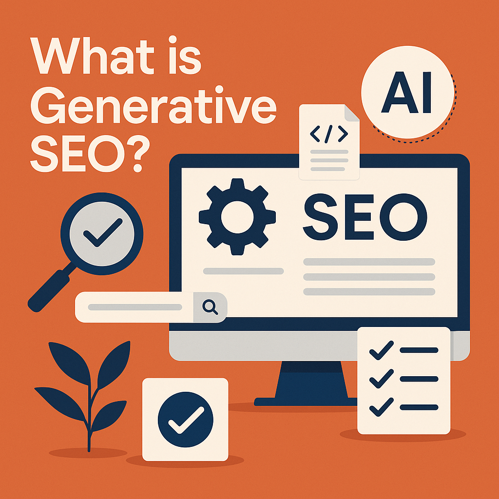 What is generative seo ? a computer screen with a magnifying glass and a check mark on it.