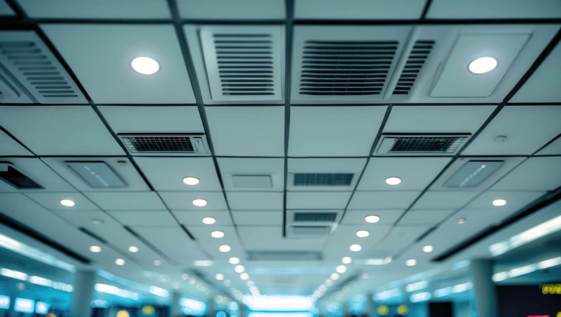 Suspended ceiling with square panels, air vents, and recessed lights in a modern indoor space. Suspended ceiling with square panels, air vents, and recessed lights in a modern indoor space.