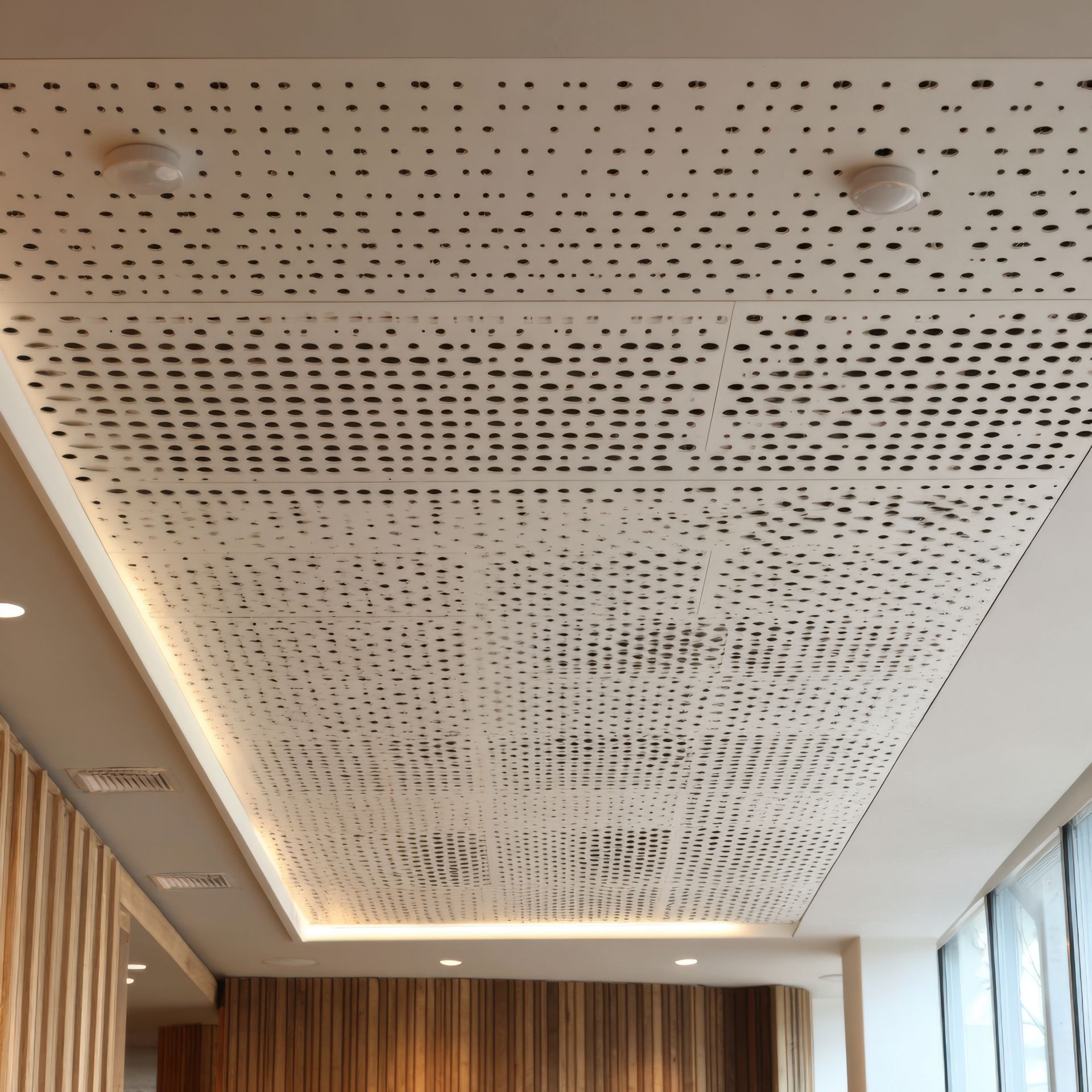 Interior ceiling with perforated acoustic panels, recessed lights, and wood accents along the edges.